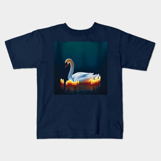 Beautiful Swan surrounded by candles on a  Lake. Romantic Image Kids T-Shirt by Geminiartstudio